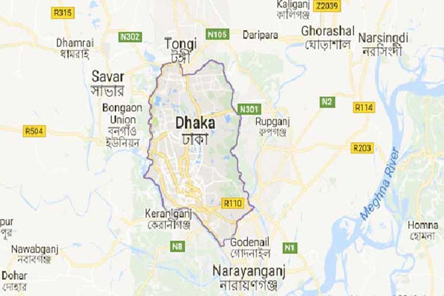 Google map showing Dhaka district.