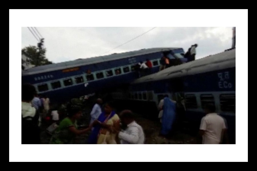 Derailed carriages of Kalinga-Utkal express train are seen in Khatauli, Uttar Pradesh. Reuters