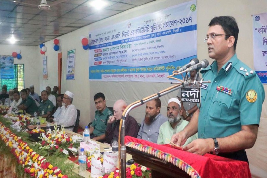 Commissioner of Sylhet Metropolitan Police Golam Kibria addressing the rally. 		 	— FE Photo