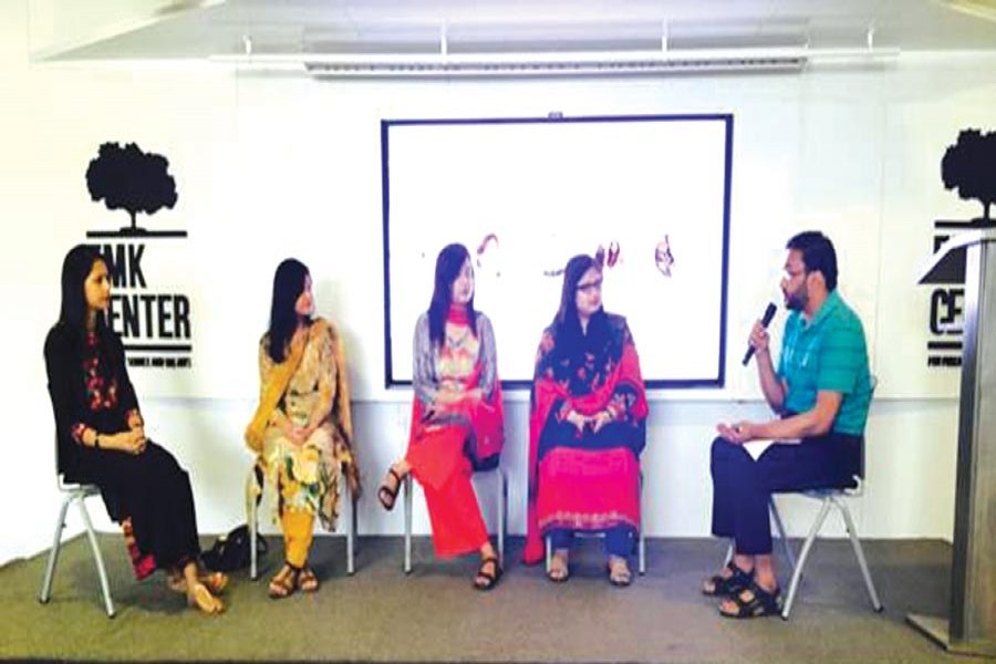 Ivdad Ahmed Khan Mojlish, co-founder and managing director of LightCastle Partners, facilitating the panel discussion with selected mentors for women In ICT competition