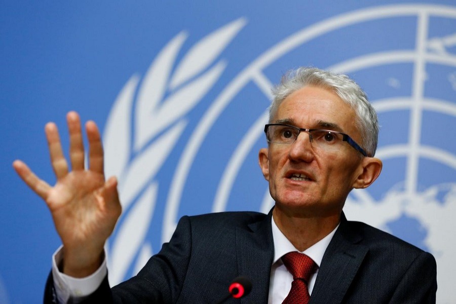 Mark Lowcock, Under-Secretary-General for Humanitarian Affairs and Emergency Relief Coordinator, attends a news conference on his visit to Bangladesh for the Rohingya refugee crisis, at the United Nations in Geneva, Switzerland Oct 6, 2017. Reuters