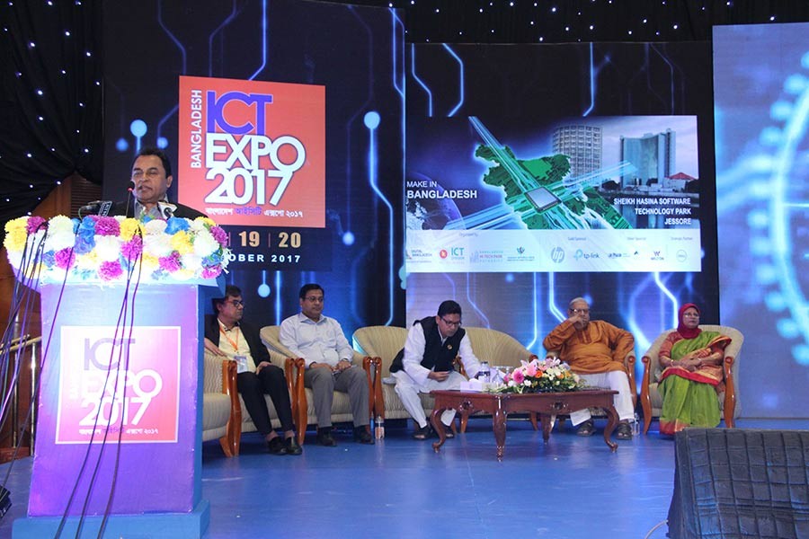 Planning minister AHM Mustafa Kamal addresses the inaugural ceremony of Bangladesh ICT Expo 2017 at Bangabandhu International Conference Centre (BICC) on Wednesday.