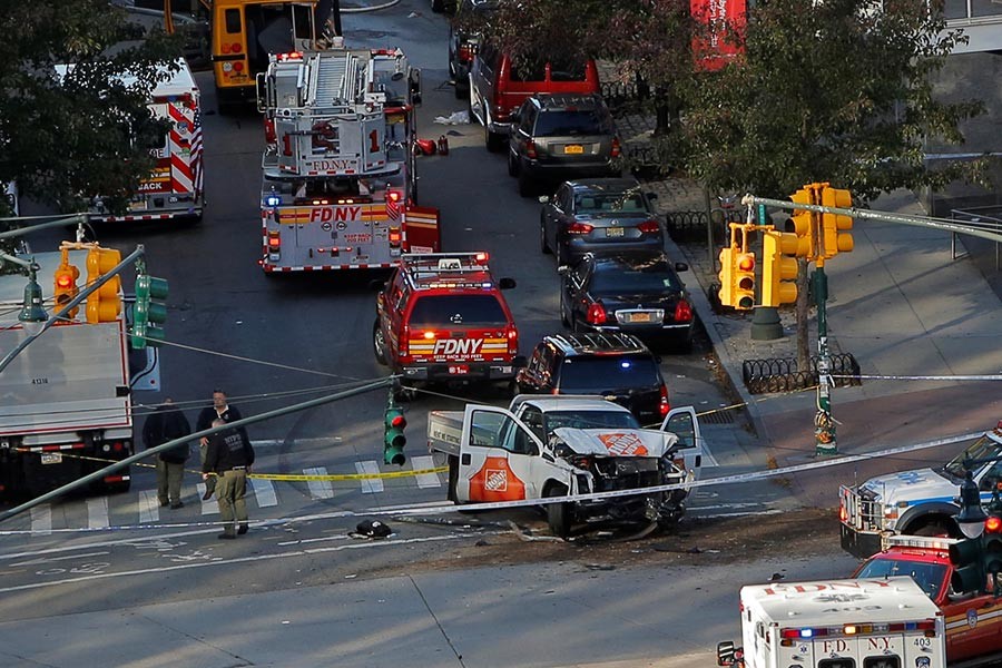 Emergency crews at the scene of the incident on West Street in lower Manhattan, New York, US on Tuesday. - Reuters photo