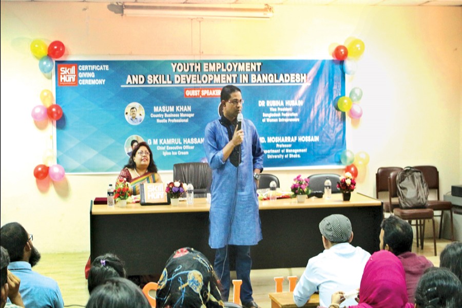 Kamrul Hasan, CEO of Igloo Ice Cream, delivering speech at Skill Hunt’s  certificate distribution ceremony held at University of Dhaka