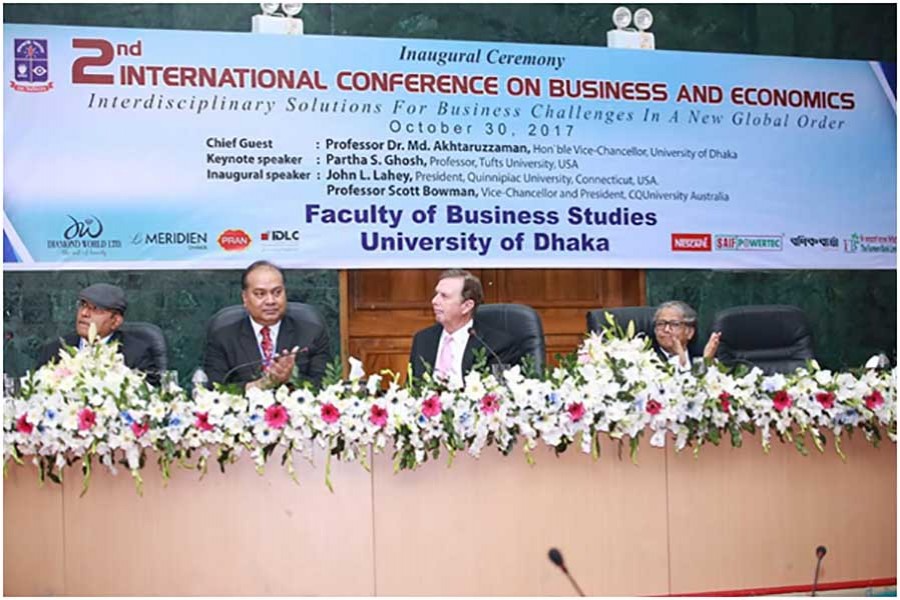 Vice Chancellor of University of Dhaka, Honourable Dean of FBS and the Keynote Speakers at the Inaugural Ceremony of 2nd International Conference.