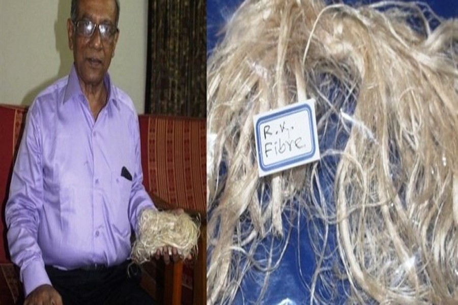 Dr Anwarul Islam holds a bundle of RK Fibre.  	— FE Photo