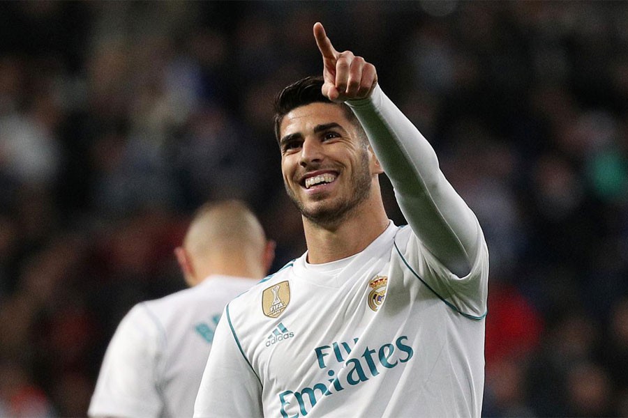 Real Madrid’s Marco Asensio celebrates scoring their second goal in the match (Reuters photo)