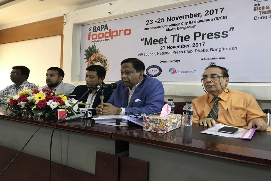 BAPA President AFM Fakhrul Islam Munshi, General Secretary Masoodur Rahman, BAMHMOA's first vice president Abu Yusuf Bachchu and Head of Marketing of Bombay Sweets & Co Ltd DD Ghosal are seen at the press conference. 	—  FE photo