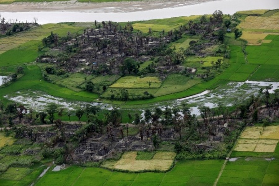 Aerial view of a burned Rohingya village near Maungdaw, north of Rakhine state, Myanmar September 27, 2017.  - Reuters