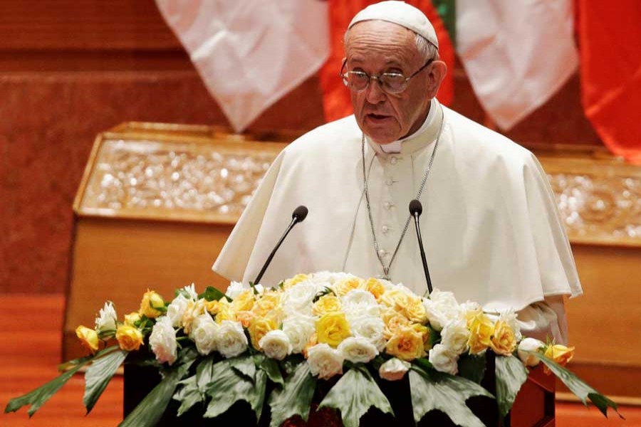 Pope Francis makes a speech during a meeting with members of the civil society and diplomatic corps in Naypyitaw, Myanmar November 28, 2017. - Reuters