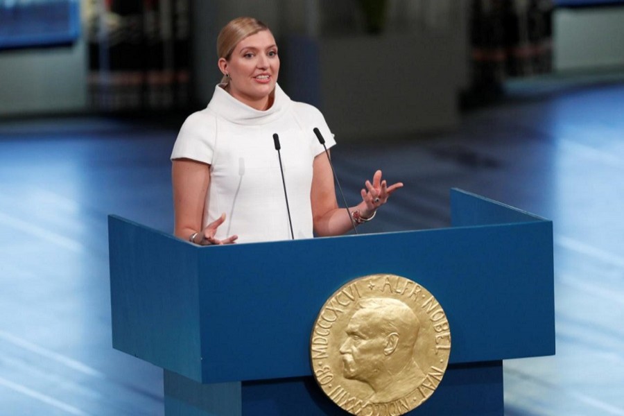 Beatrice Fihn, the Executive Director of ICAN (International Campaign to Abolish Nuclear Weapons) gives her acceptance speech at City Hall, in Oslo, Norway December 10, 2017. Reuters