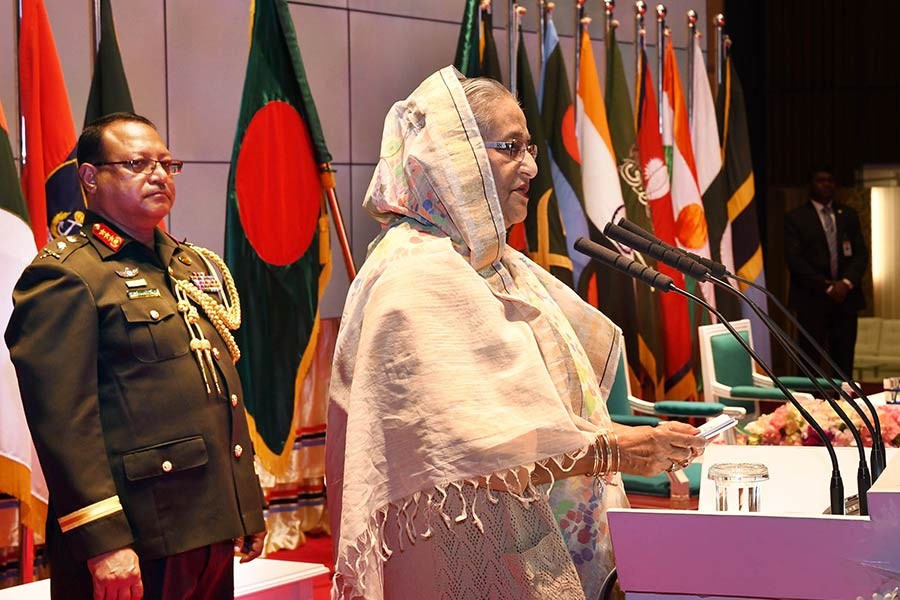 Prime Minister Sheikh Hasina addresses a programme at Sheikh Hasina Complex of Defence Services Command and Staff College at Mirpur Cantonment on Monday. -Focus Bangla Photo