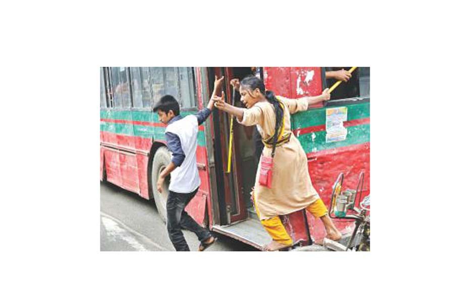 Girl as a helper of bus