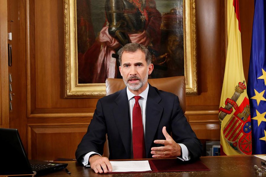 Spain's King Felipe gestures as he makes an statement at Zarzuela Palace in Madrid, Spain, October 3, 2017. - Reuters file photo