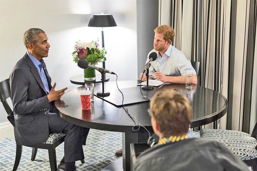 In this undated photo issued on December 17 by Kensington Palace courtesy of the Obama Foundation, Britain's Prince Harry interviews former US President Barack Obama as part of his guest editorship of BBC Radio 4's Today programme. 	— AP