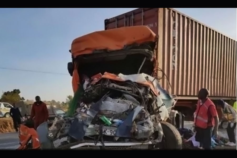 The truck which collided with a bus at Migaa on December 31, 2017. Both its driver and loader died in the crash. PHOTO | FRANCIS MUREITHI