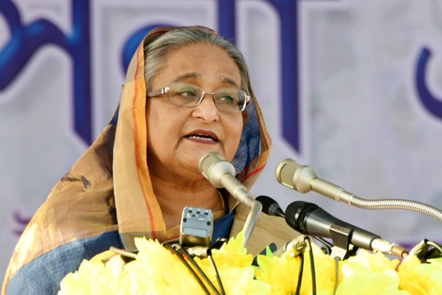 Prime Minister Sheikh Hasina speaks at a public rally at Jessore Eidgah Maidan on Sunday. -Focus Bangla Photo