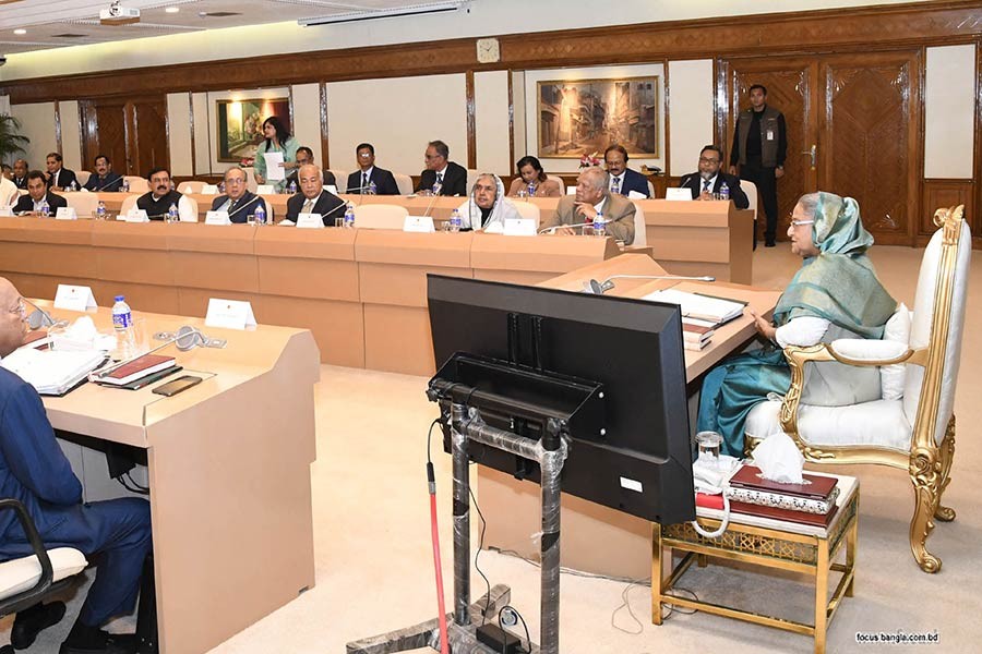 Prime Minister Sheikh Hasina presides over the Cabinet meeting at the Prime Minister's Office (PMO) in Dhaka on Wednesday. -Focus Bangla Photo​