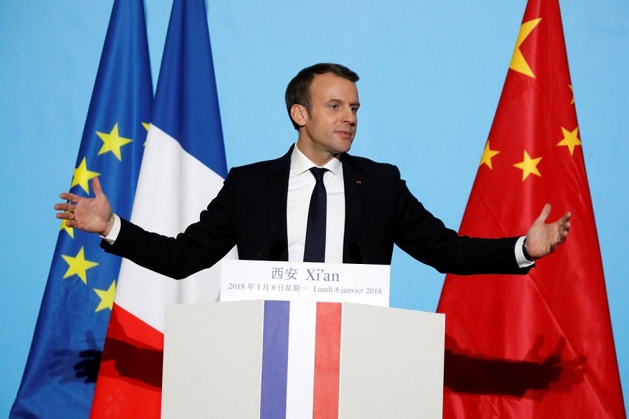 French President Emmanuel Macron delivers his speech at the Daming Palace in Xian, Shaanxi province, China, January 8, 2018. Reuters