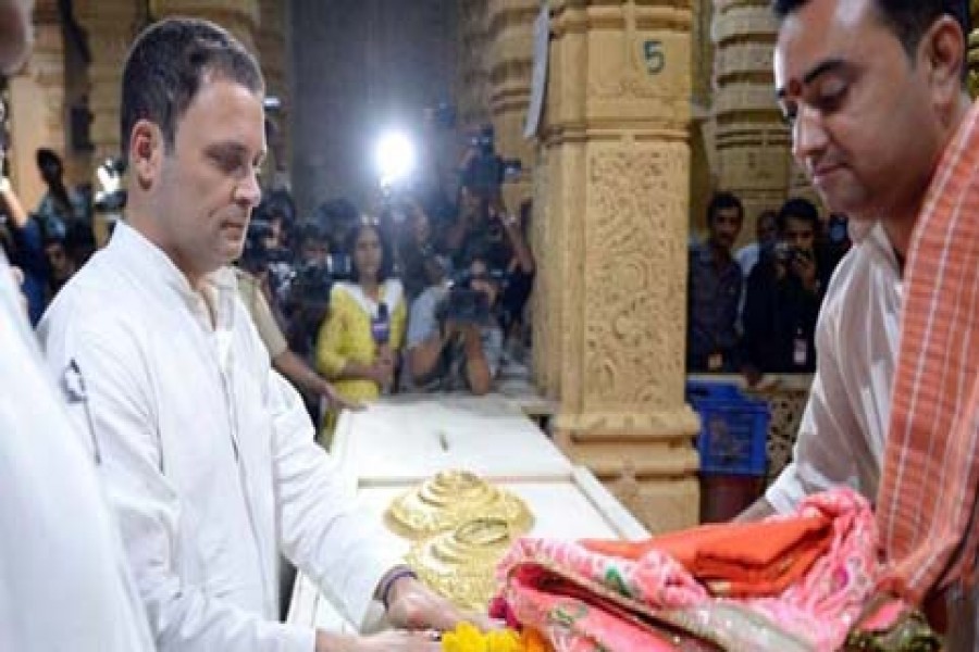 POLITICAL USE OF HINDUTVA: Rahul Gandhi visited Somnath Temple during election campaign in Gujarat in November 2017.