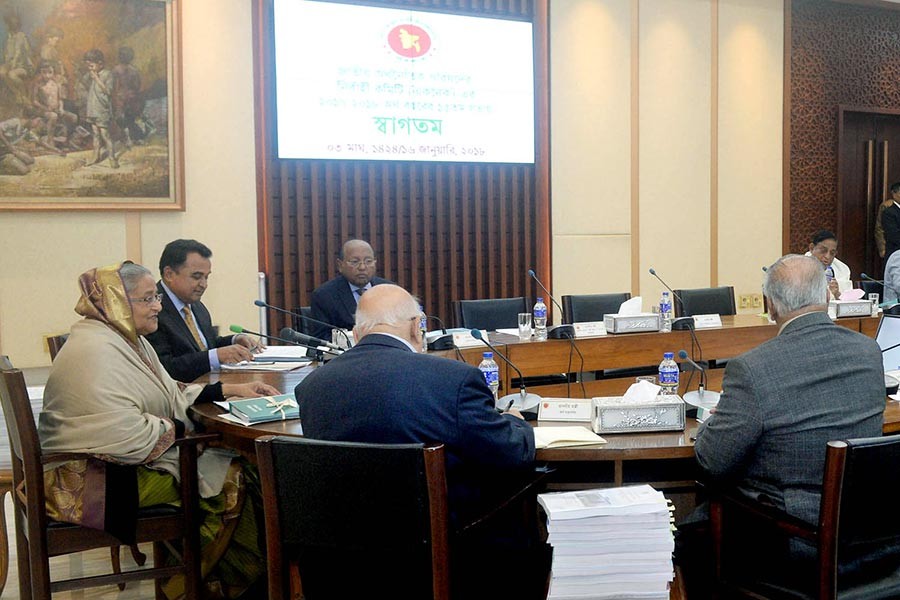 Prime Minister Sheikh Hasina presides over ECNEC meeting at the NEC conference room in the city's Sher-E-Bangla Nagar area on Tuesday. -Focus Bangla Photo