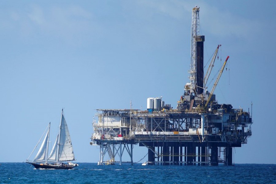 An offshore oil platform is seen in Huntington Beach, California, US. 	— Reuters