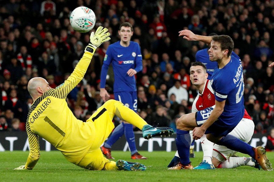 Carabao Cup Semi Final Second Leg - Arsenal vs Chelsea - Emirates Stadium, London, Britain - January 24, 2018 Arsenal's Granit Xhaka scores their second goal. (Reuters)