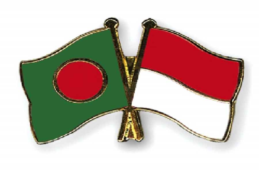 Bangladesh and Indonesia flags are seen cross-pinned symbolising friendship between the two nations. Photo/Collected