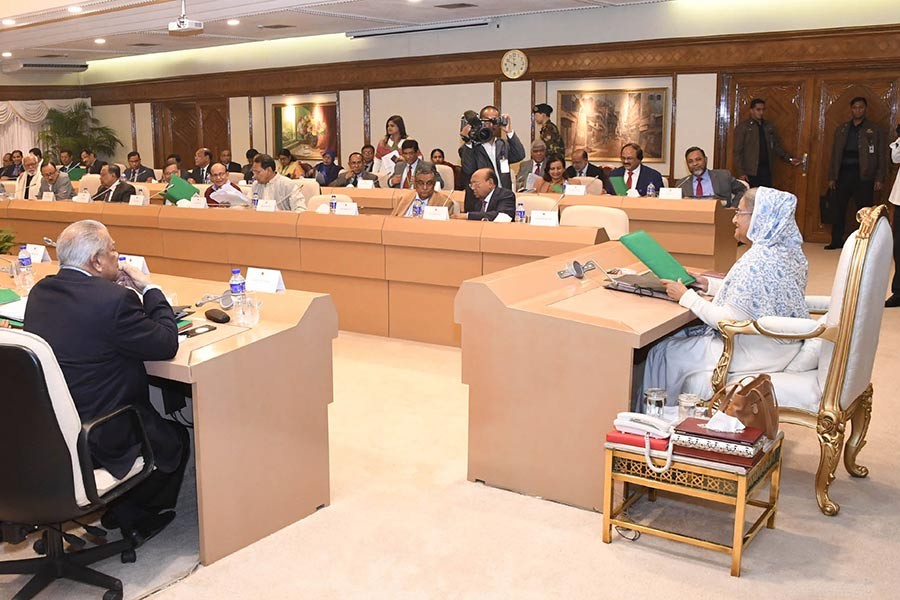 Prime Minister Sheikh Hasina presides over the cabinet meeting at PMO on Monday. -Focus Bangla Photo