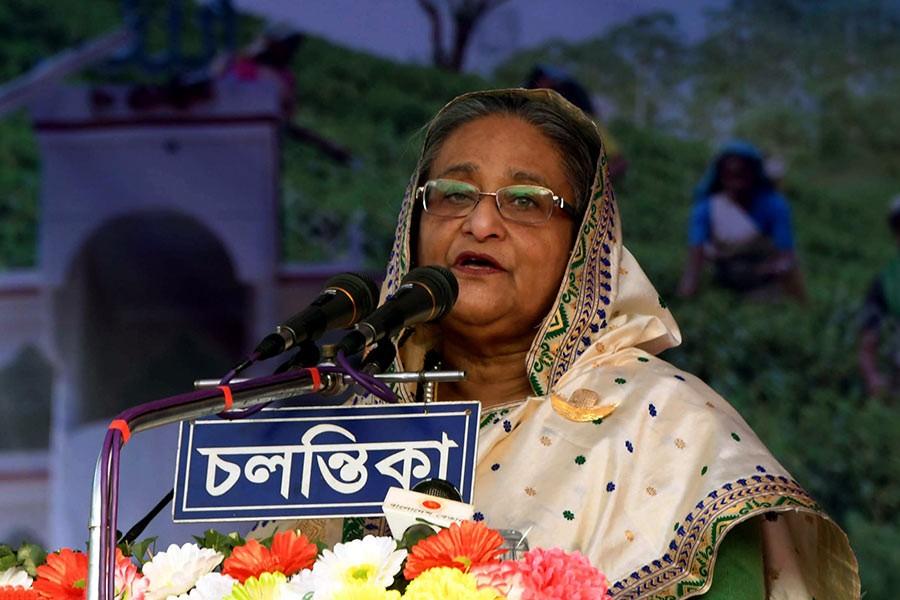 Prime Minister Sheikh Hasina addresses a public rally at Government Alia Madrasha ground in Sylhet on Tuesday. -Focus Bangla Photo