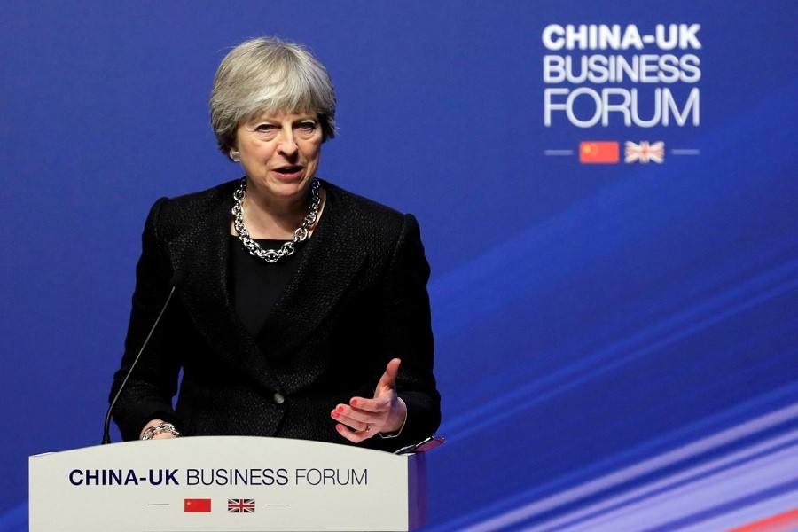 British Prime Minister Theresa May speaks at the China-UK business forum in Shanghai, China February 2, 2018. Reuters