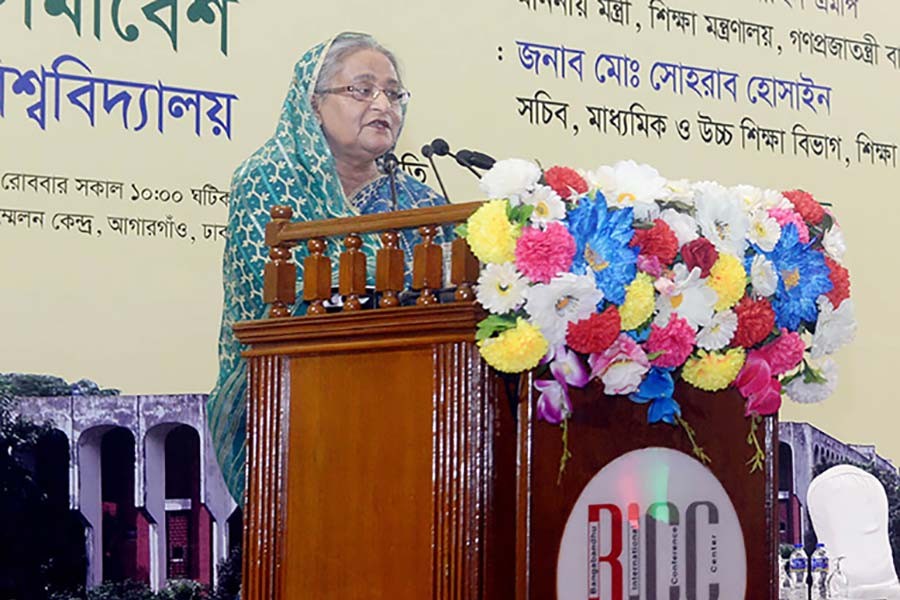 PM Sheikh Hasina was addressing "Shikka Samabesh" organized by the National University (NU) at Bangabandhu International Conference Center (BICC) in the city on Sunday, photo: Focus bangla