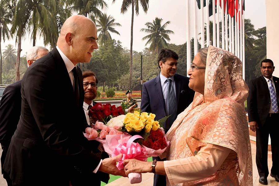 Prime Minister Sheikh Hasina receives President of Swiss Confederation Alain Berset at her office on Monday. -Focus Bangla Photo