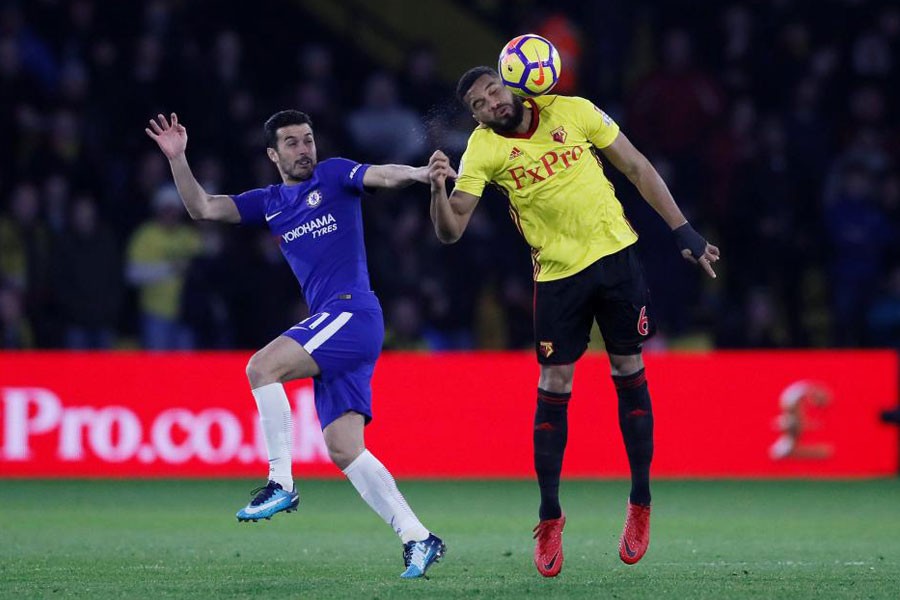 Premier League - Watford vs Chelsea - Vicarage Road, Watford, Britain - February 5, 2018 Watford's Adrian Mariappa in action with Chelsea's Pedro. (REUTERS)