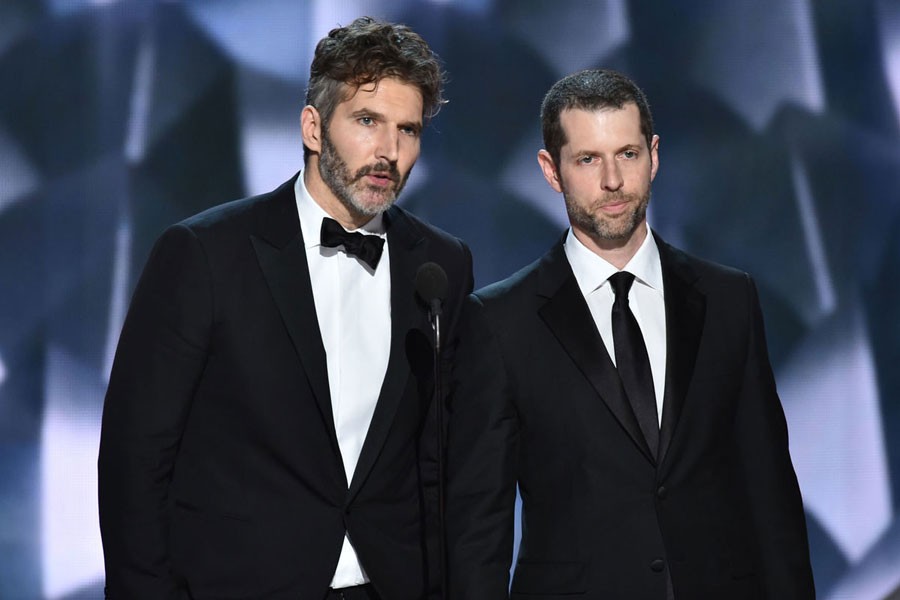 David Benioff, left, and D.B Weiss accept the award for outstanding writing for a drama series for ‘Game of Thrones’ at the 68th Primetime Emmy Awards on Sunday, Sept 18, 2016, at the Microsoft Theater in Los Angeles. (AP)