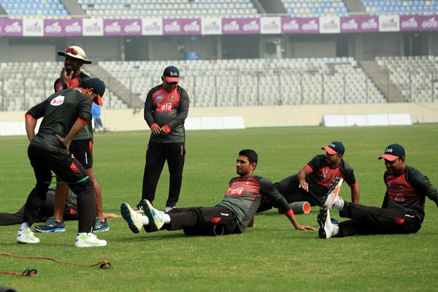 Players of Bangladesh Cricket team taking part in their practice session at the Sher-e-Bangla National Cricket Stadium at Mirpur in the city on Wednesday ahead of the match against Bangladesh today (Thursday). 	— BCB