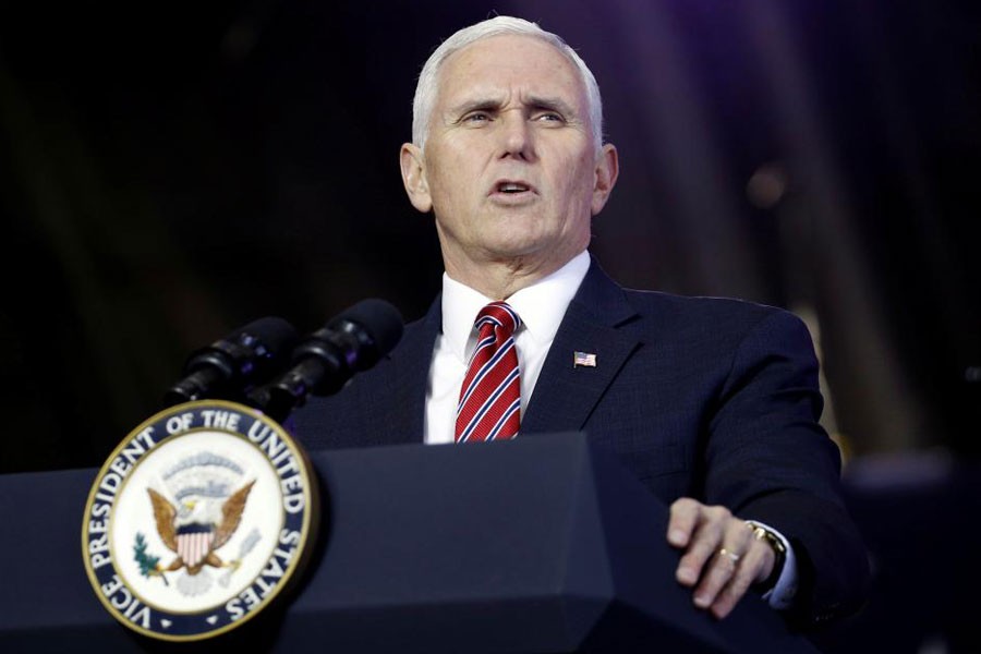 US Vice President Mike Pence addresses members of US military services and Japan Self-Defense Force (JSDF) before he departs for South Korea, at US Air Force Yokota base in Fussa, on the outskirts of Tokyo, Japan, February 8, 2018. (REUTERS)