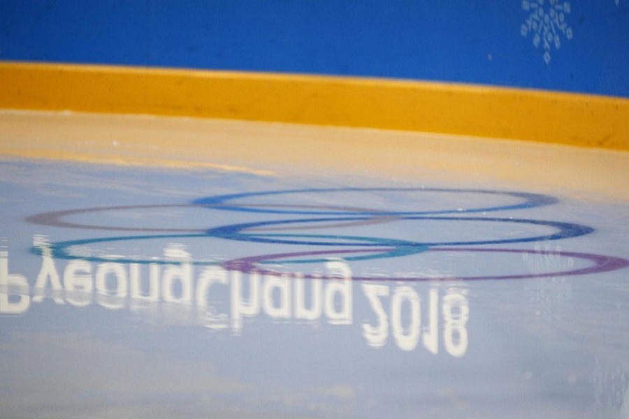 The Pyeonchang 2018 logo is reflected on the ice. Reuters/File Photo