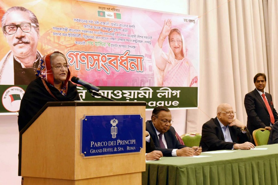 Prime Minister Sheikh Hasina addressing at a reception organised by Italy unit of Awami League at Parco Dei Principi Grand hotel in Rome on Tuesday. - Focus Bangla photo