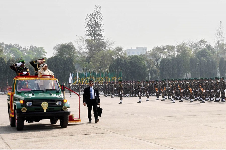 Prime Minister Sheikh Hasina at the 38th National Rally of Bangladesh Ansar and Village Defence Party (VDP) at Ansar-VDP Academy in Shafipur, Gazipur. - Focus Bangla photo