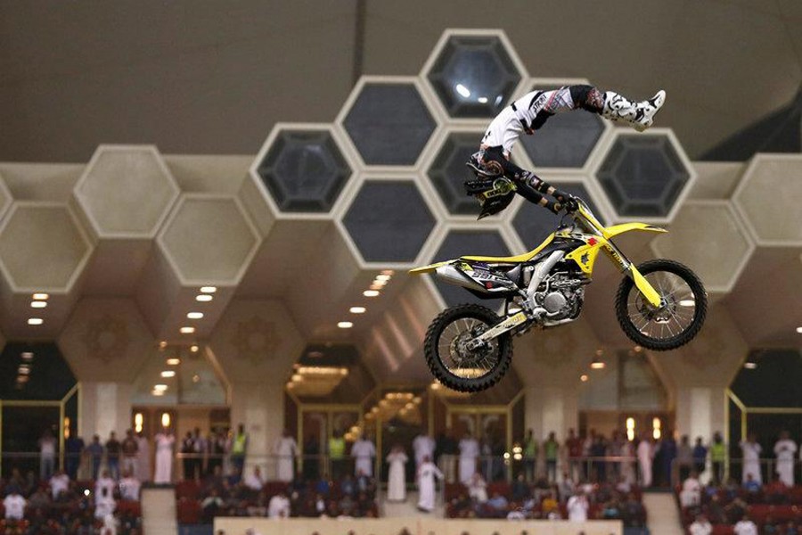 A motorcyclist performs during Monster Jam show in Riyadh, Saudi Arabia. Reuters