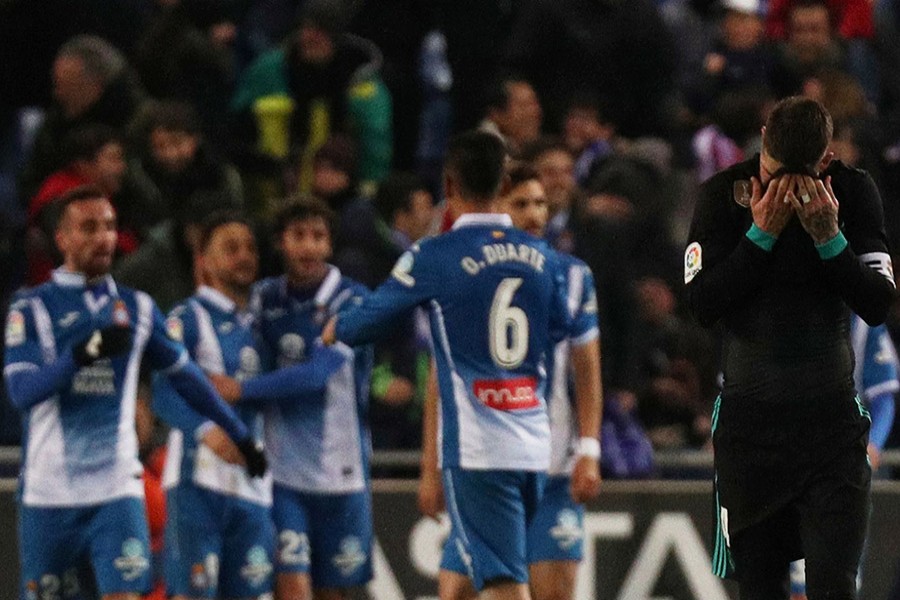 Real Madrid's Sergio Ramos cuts a dejected figure as Espanyol snatched a late win, thanks to Gerard Moreno strike. - Reuters photo