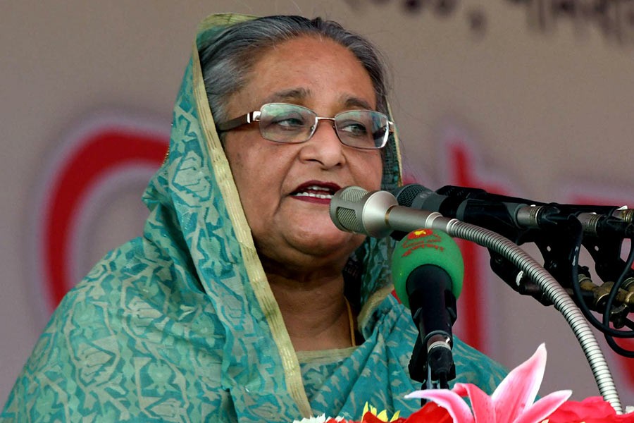 Prime Minister Sheikh Hasina addresses a rally in Khulna on Saturday. -Focus Bangla Photo