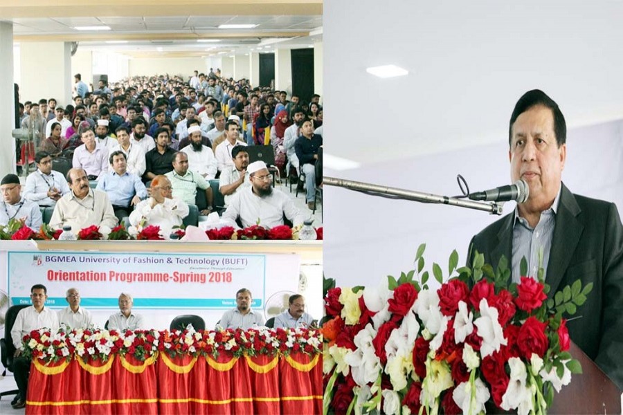 BGMEA University of Fashion and Technology Board of Trustees’ founder chairman Muzaffar Uddin Siddique recently speaks at the orientation programme for the Spring 2018 Semester on its main campus at Nishatnagar under Turag in Dhaka.