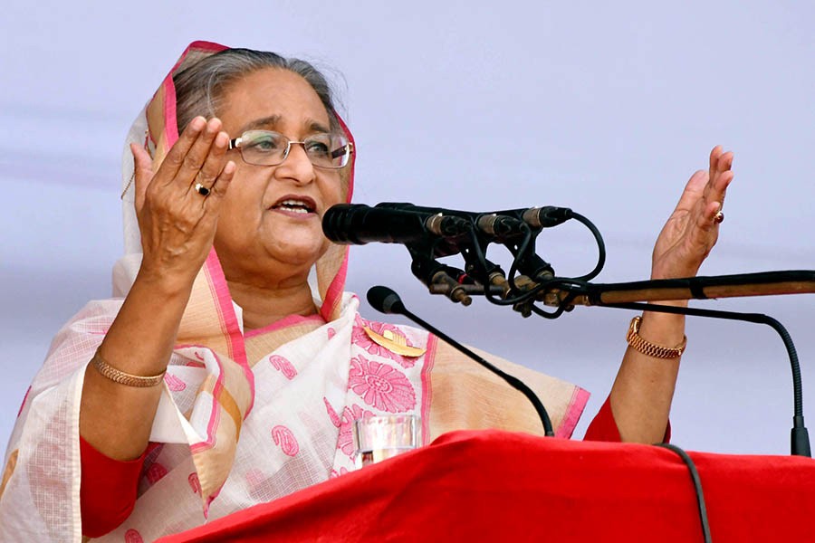 Prime Minister Sheikh Hasina addresses a rally on Wednesday marking the 46th anniversary of the historic speech of Bangabandhu Sheikh Mujibur Rahman. -Focus Bangla Photo