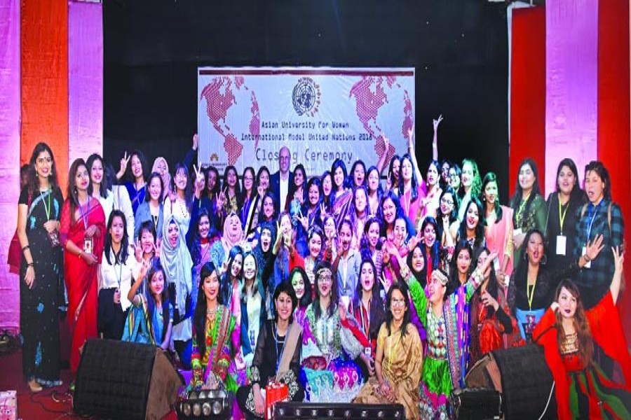 Participants of Asian University for Women International Model United Nations (AUWIMUN) held at the campus of the university in Chittagong recently.