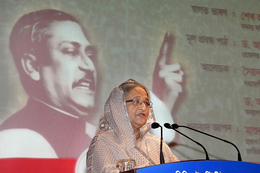 Prime Minister Sheikh Hasina addresses a seminar at Bangladesh Krishibid Institution Auditorium on Friday. -Focus Bangla Photo