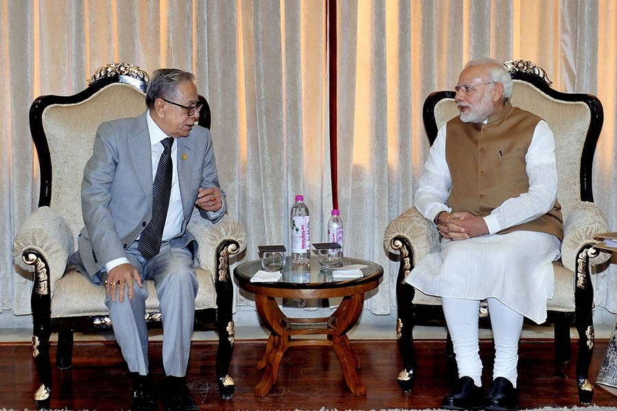 President Md Abdul Hamid and Indian Prime Minister Narendra Modi hold a bilateral meeting in New Delhi on Sunday. -Focus Bangla Photo