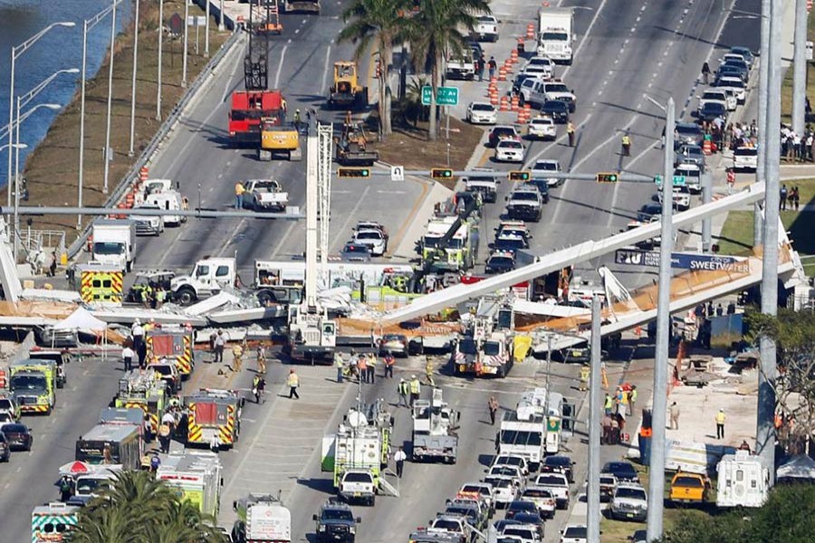 Aerial view shows a pedestrian bridge collapsed at Florida International University in Miami, Florida, US on Thursday - Reuters