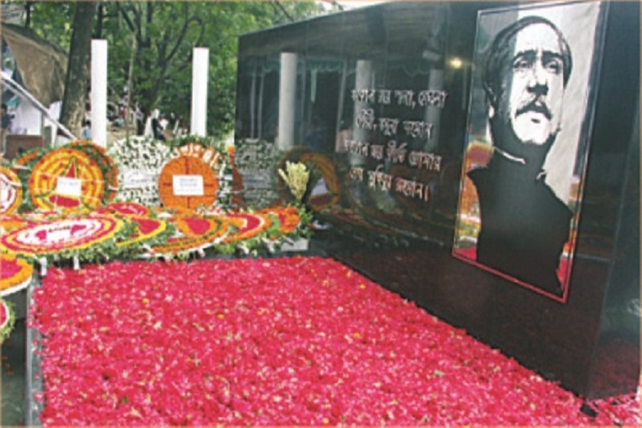 Portrait of Bangabandhu in front of Bangabandhu Memorial Museum. Photo: Collected